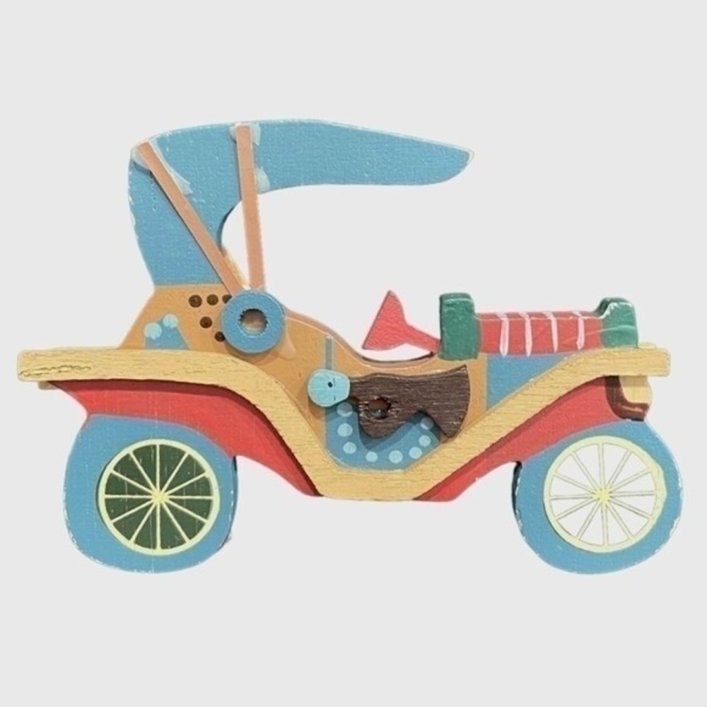 Vintage Large Wooden Old Style Car Christmas Ornament 4.75" Taiwan Holiday Decor - Picture 3 of 3